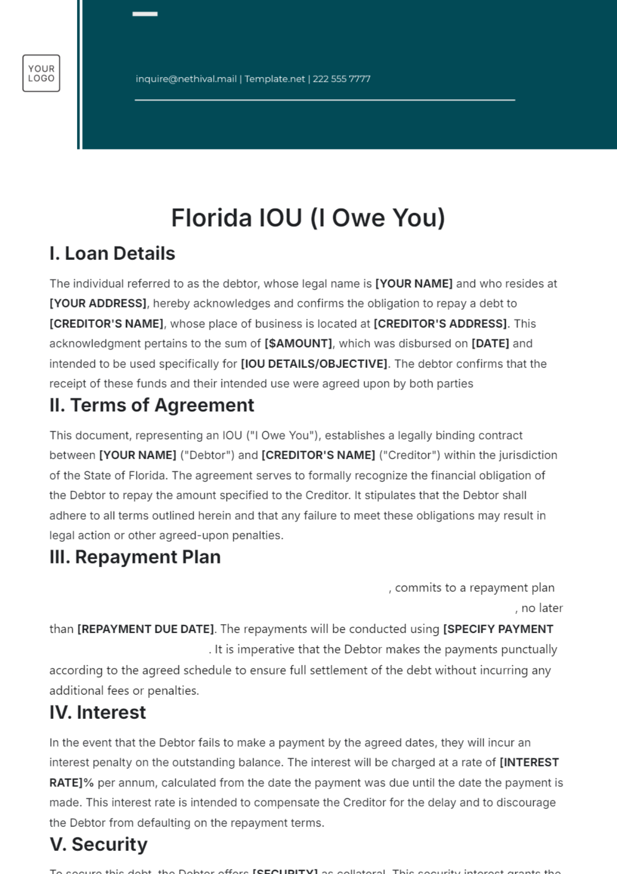 Florida IOU Template - Edit Online & Download