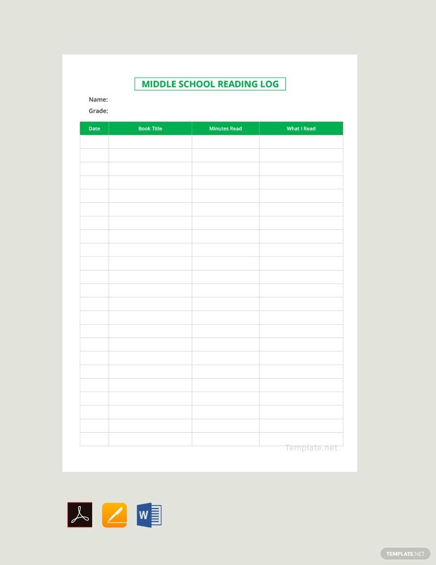 Reading Log Template for Middle School
