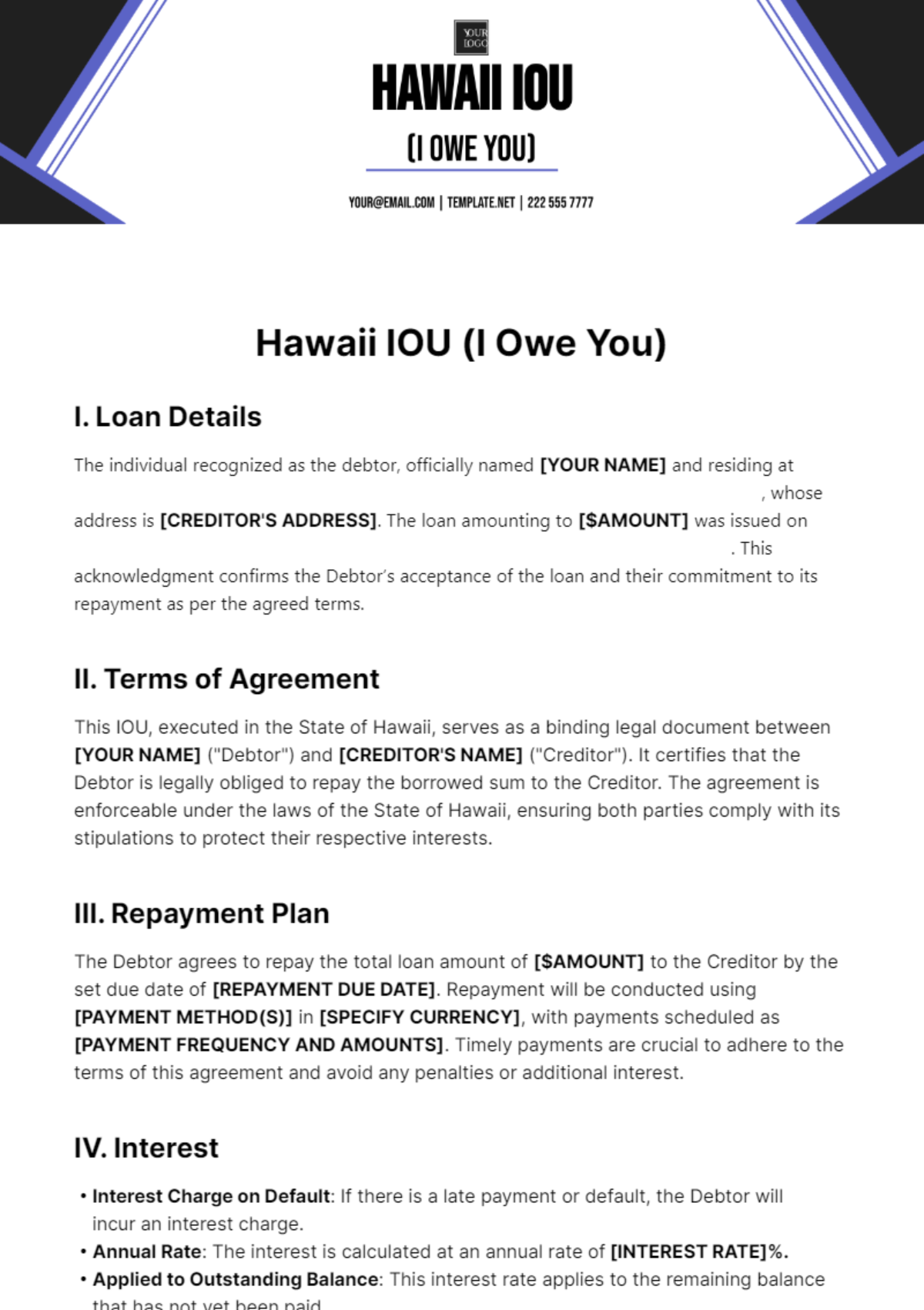Free Hawaii IOU Template