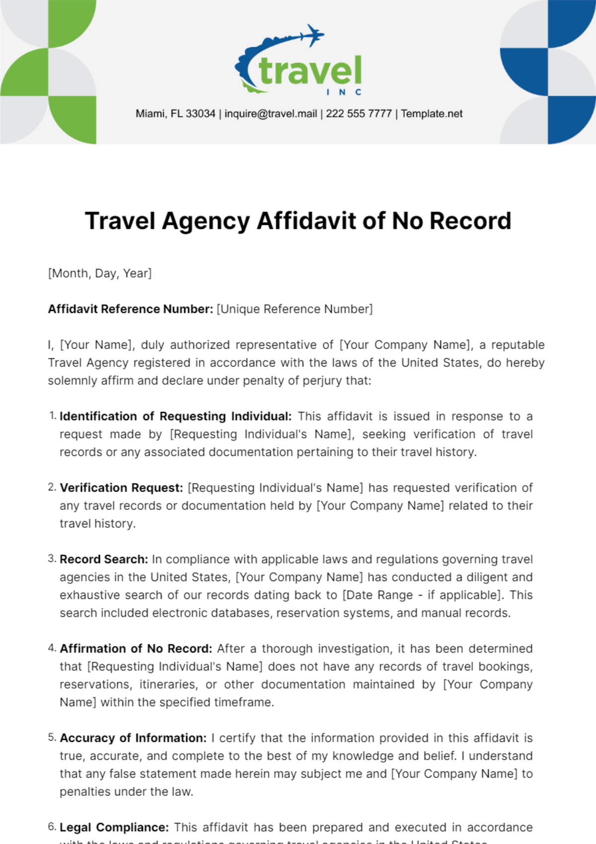 Travel Agency Affidavit of No Record Template