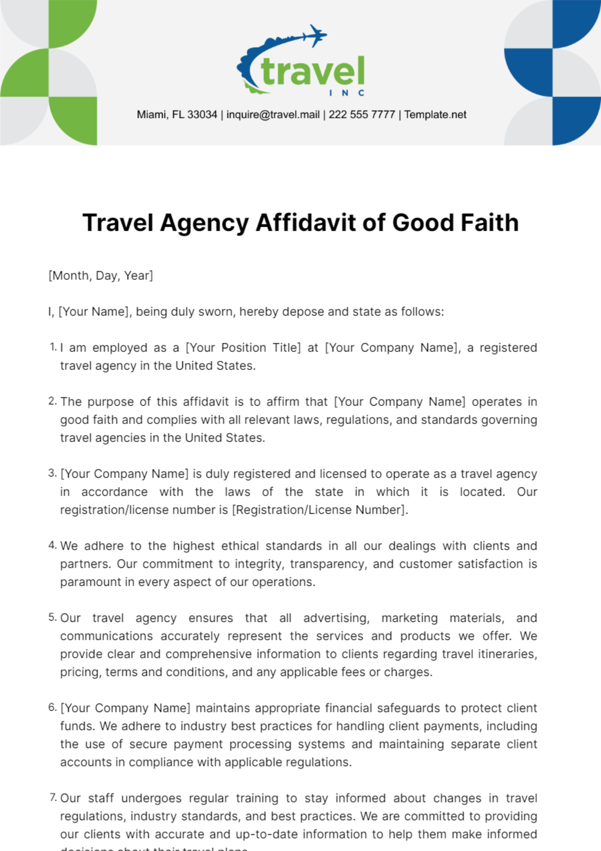 Travel Agency Affidavit of Good Faith Template