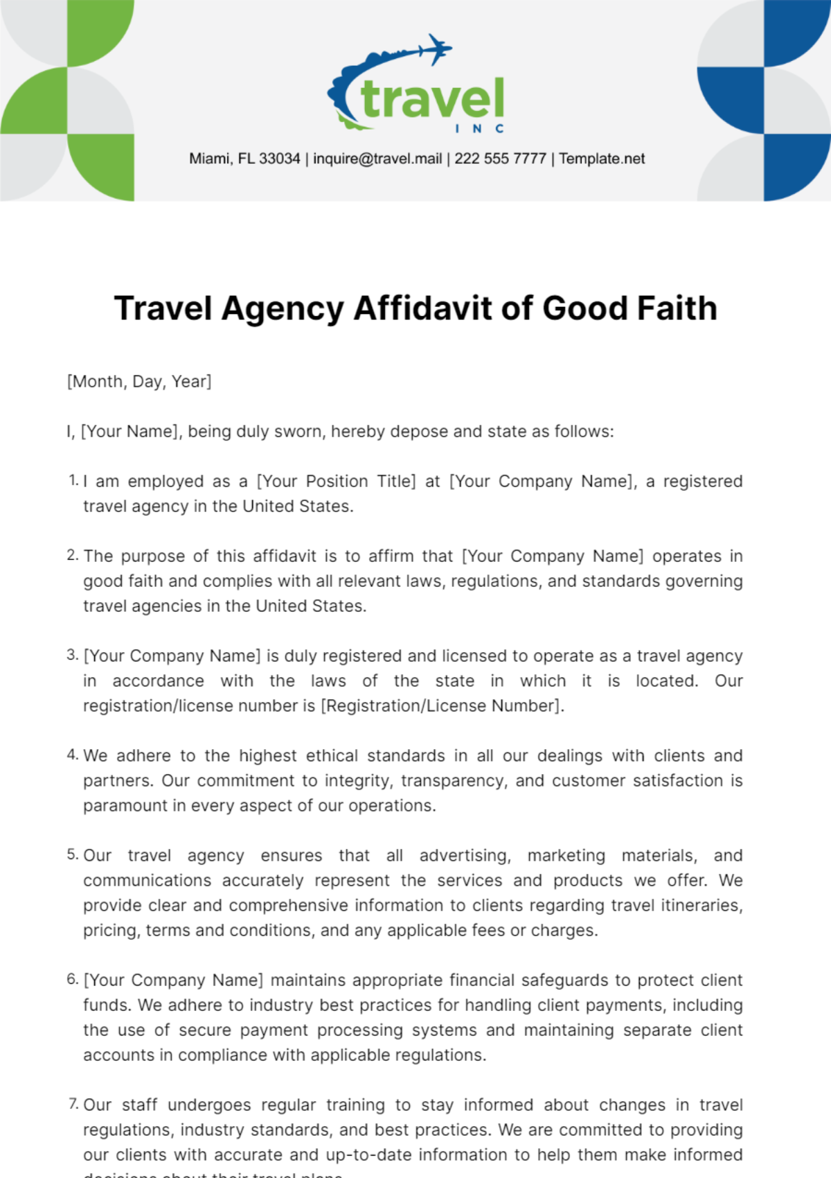 Travel Agency Affidavit of Good Faith Template - Edit Online & Download