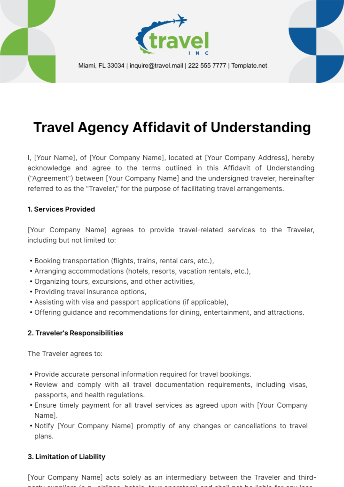 Travel Agency Affidavit of Understanding Template - Edit Online & Download