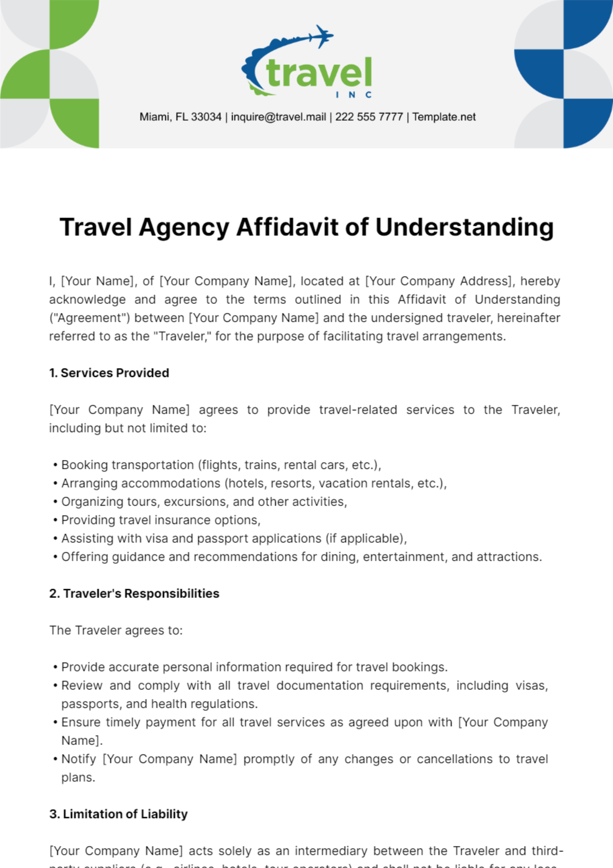 Free Travel Agency Affidavit of Understanding Template