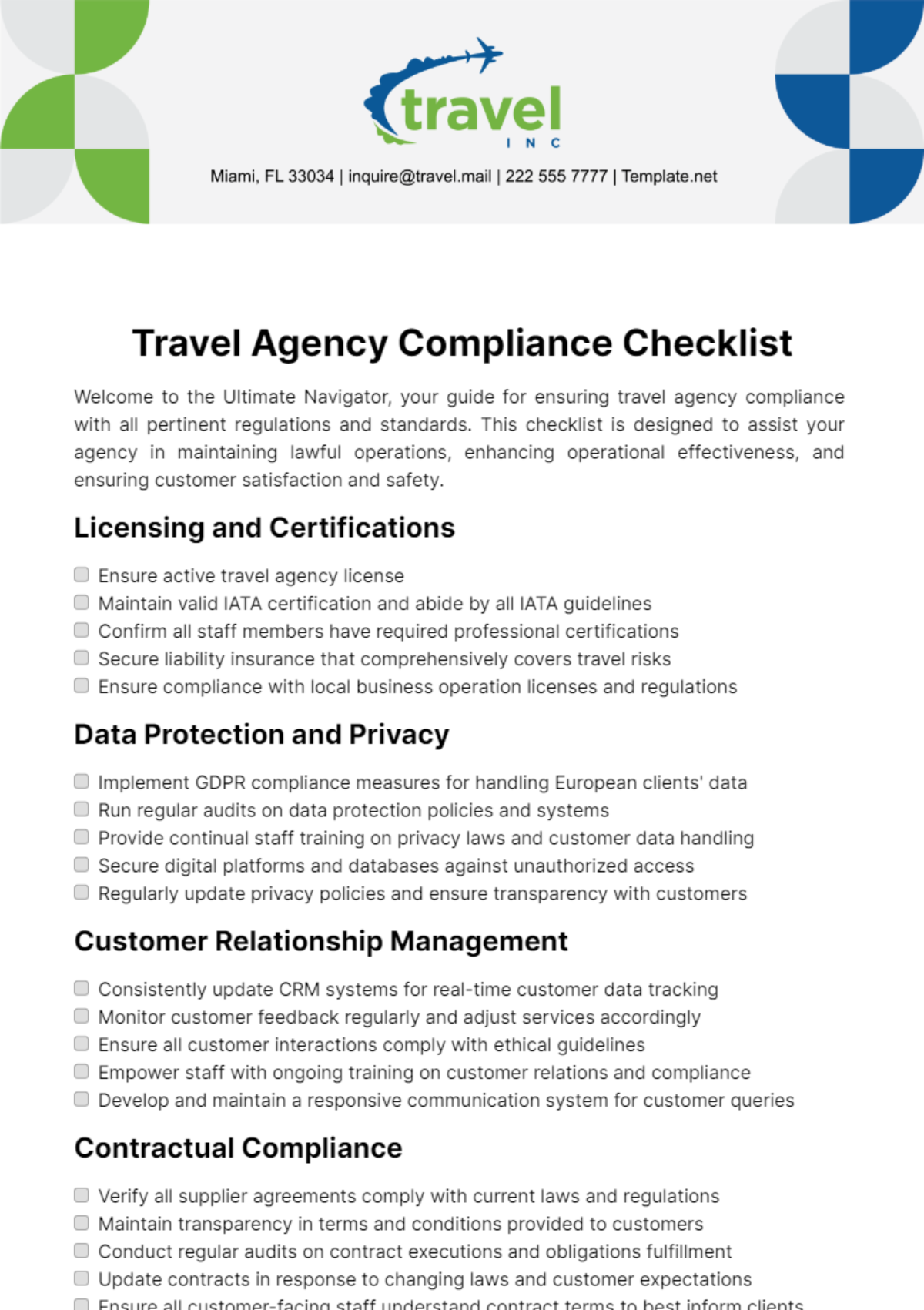 Travel Agency Compliance Checklist Template