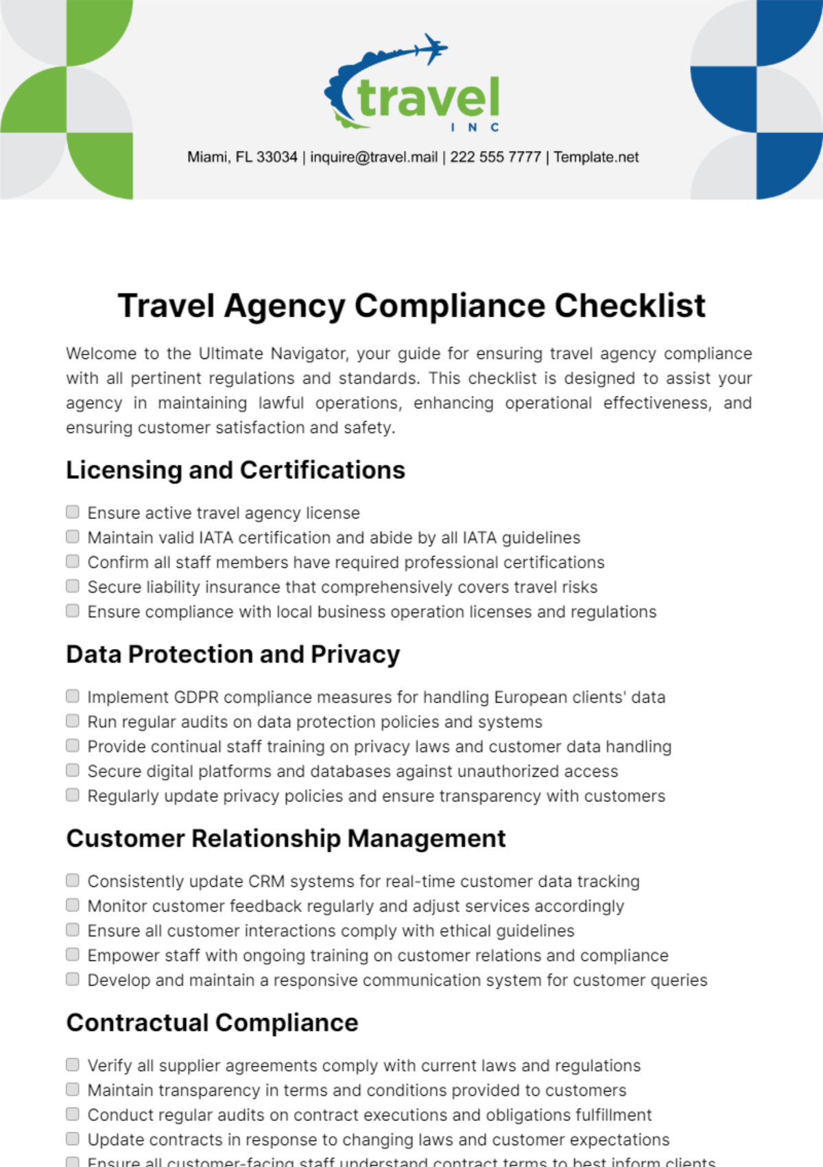 Travel Agency Compliance Checklist Template - Edit Online & Download