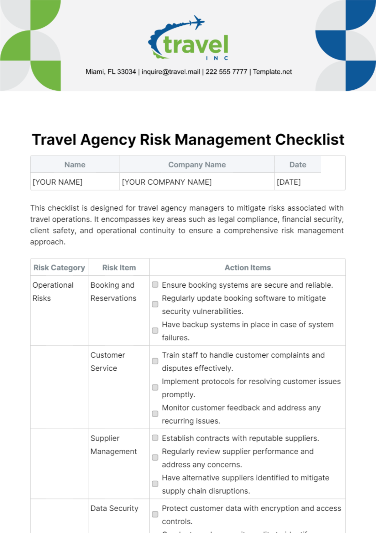 Travel Agency Risk Management Checklist Template