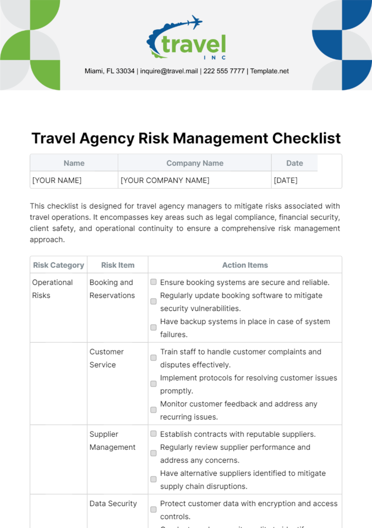 Travel Agency Risk Management Checklist Template | Template.net