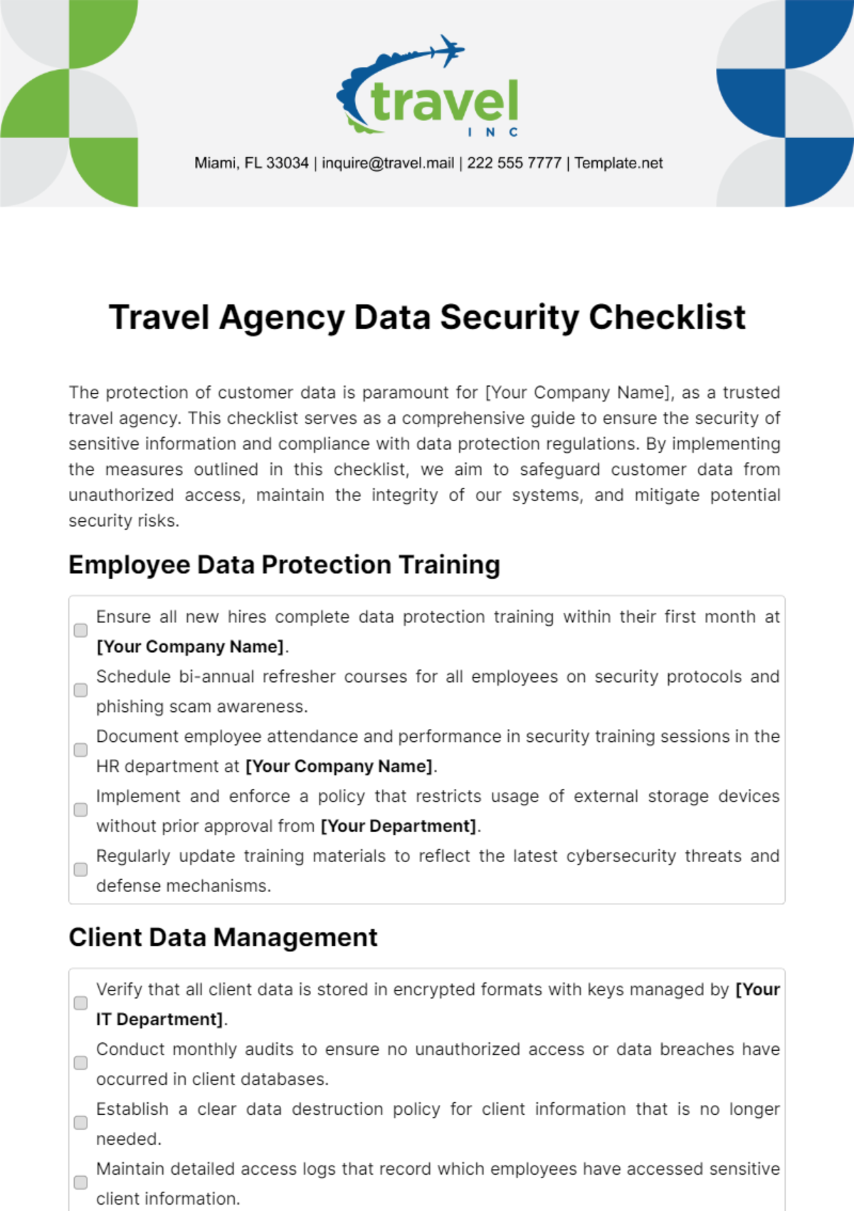 Free Travel Agency Data Security Checklist Template