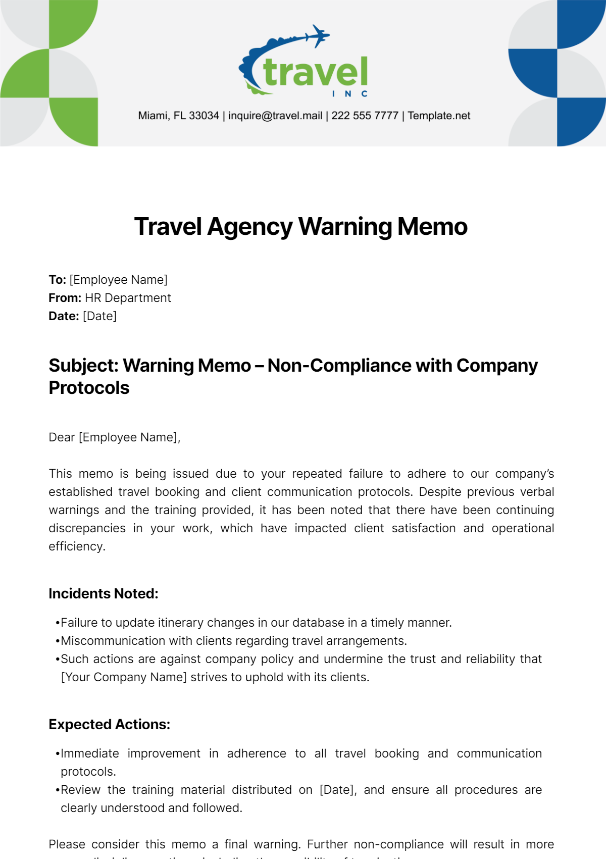 Free Travel Agency Warning Memo Template