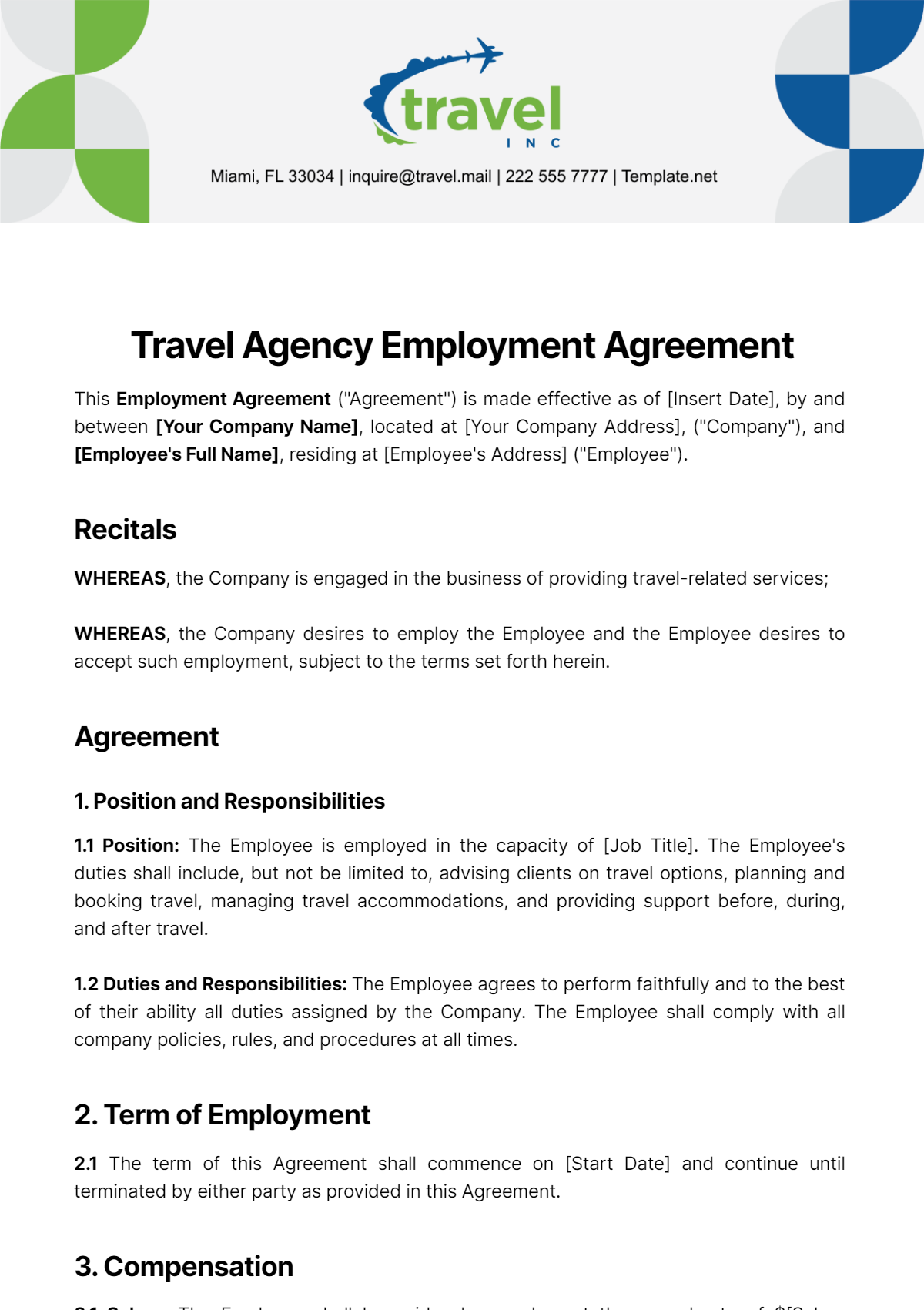 Travel Agency Employment Agreement Template