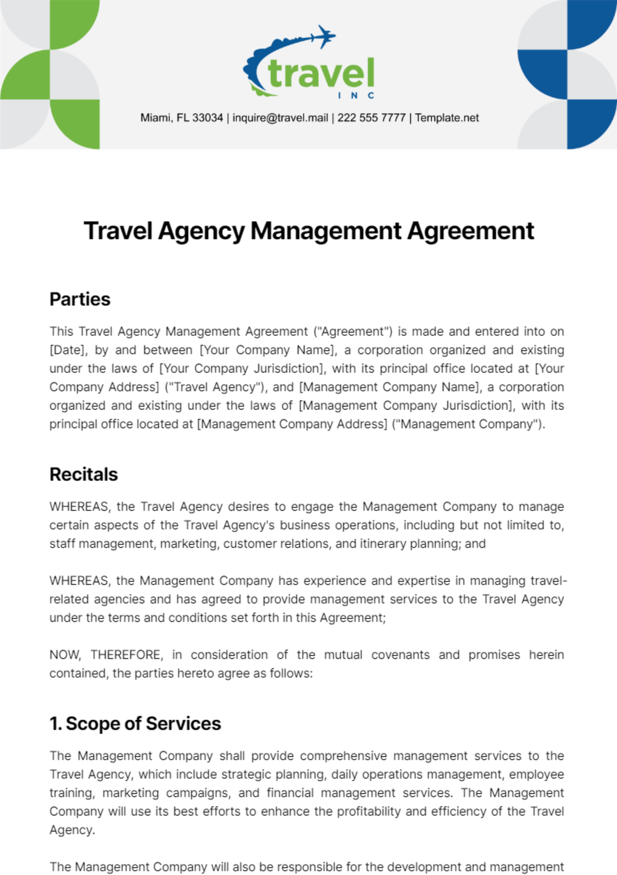Travel Agency Management Agreement Template
