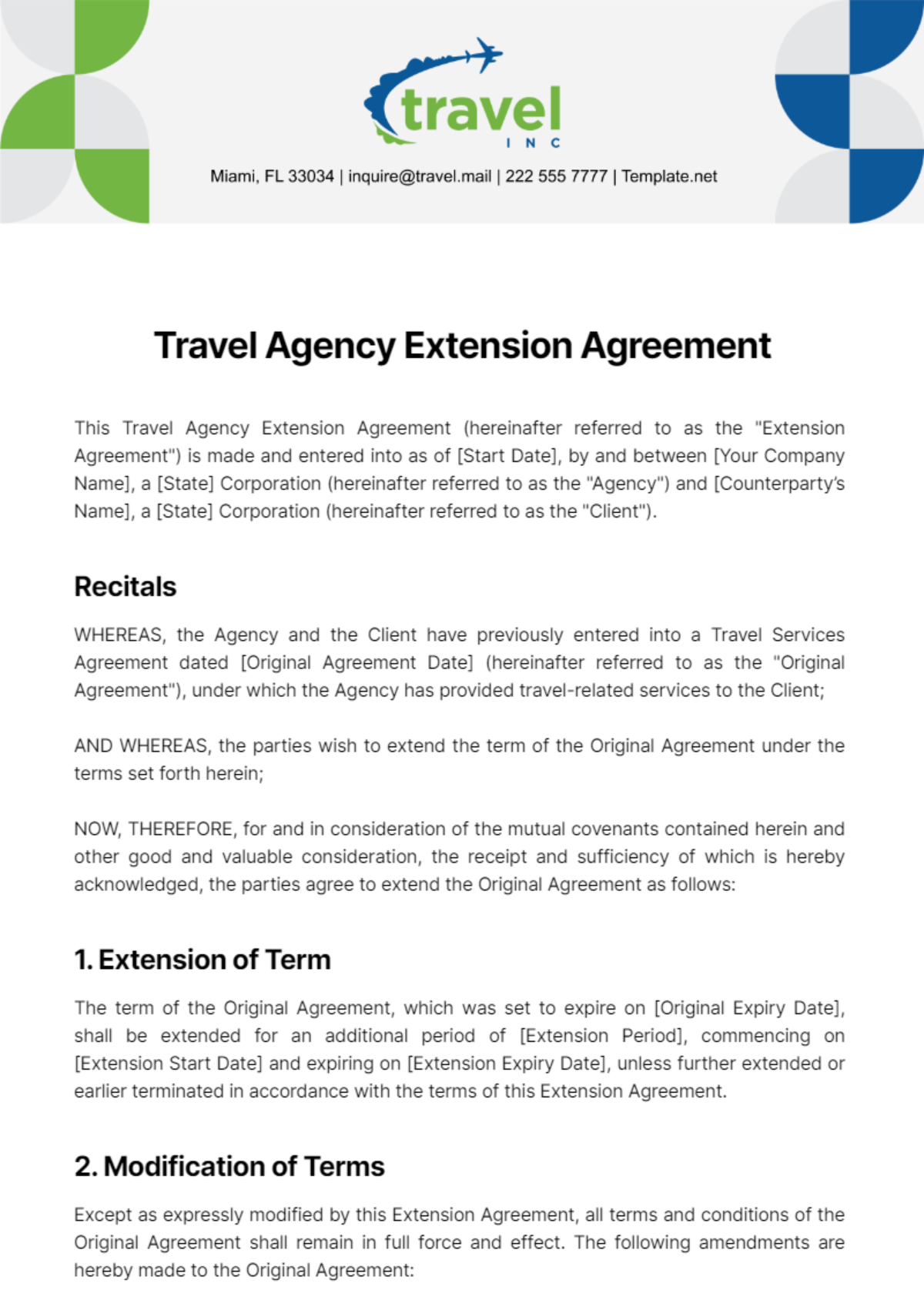 Free Travel Agency Extension of Agreement Template