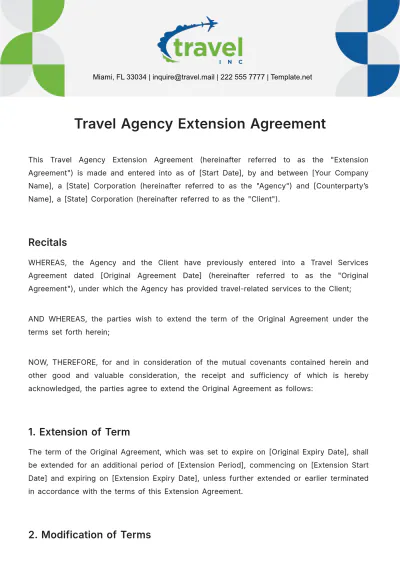 Free Travel Agency Extension of Agreement Template to Edit Online