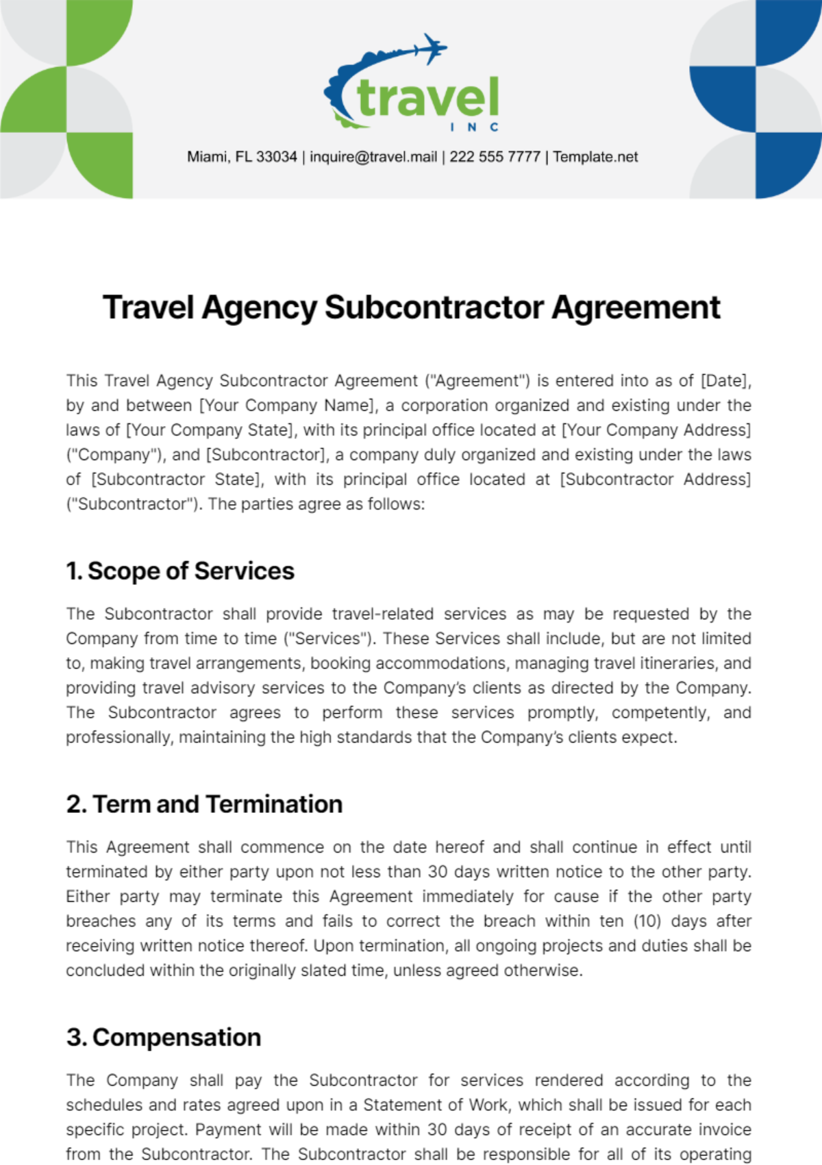 Free Travel Agency Subcontractor Agreement Template