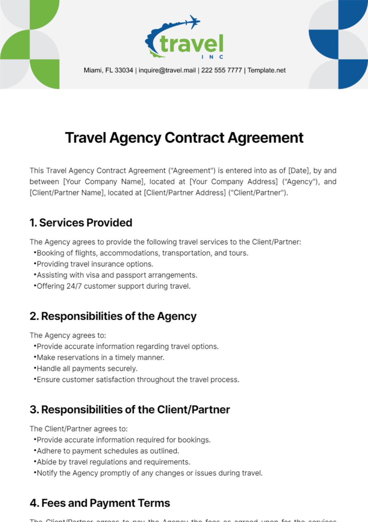 Free Travel Agency Contract Agreement Template