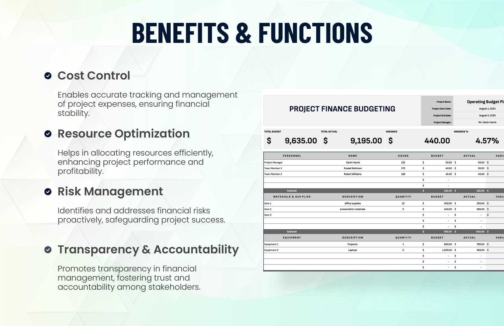 Project Finance Budgeting Template