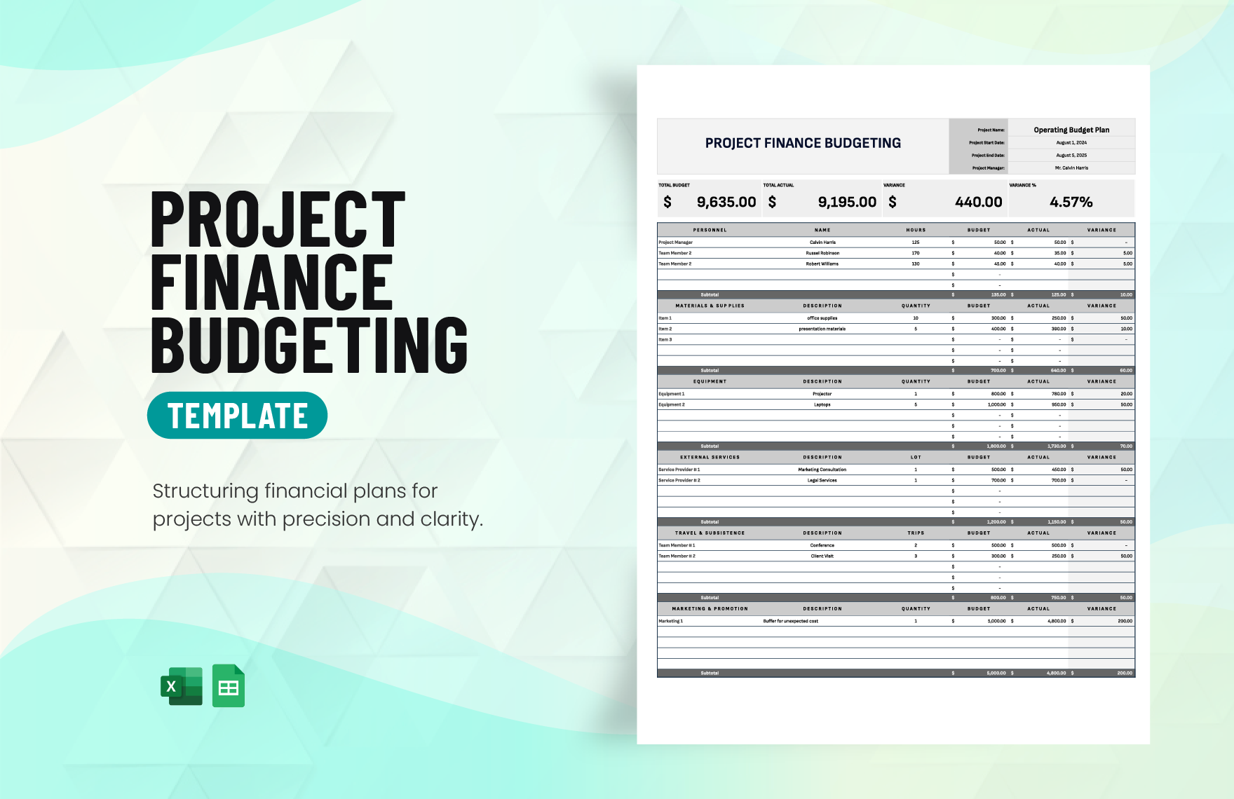 Project Finance Budgeting Template in Excel, Google Sheets