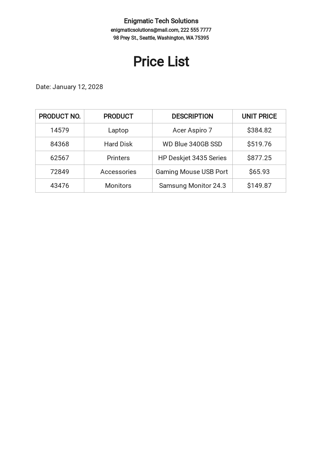 Free Grocery Shop Price List Template Google Docs, Word