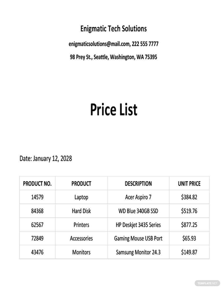 Technology Shop Price List Template