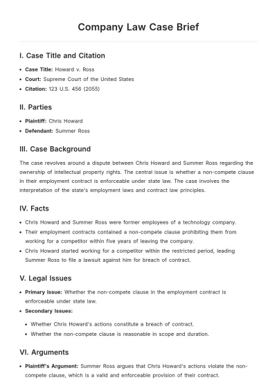 Free Company Law Case Brief Template to Edit Online