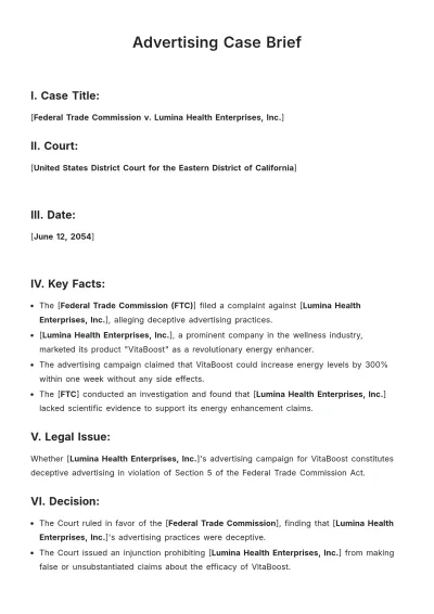 Free Advertising Case Brief Template to Edit Online