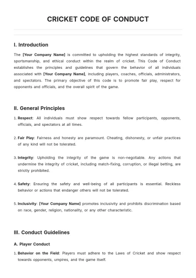 Free Cricket Code of Conduct Template to Edit Online
