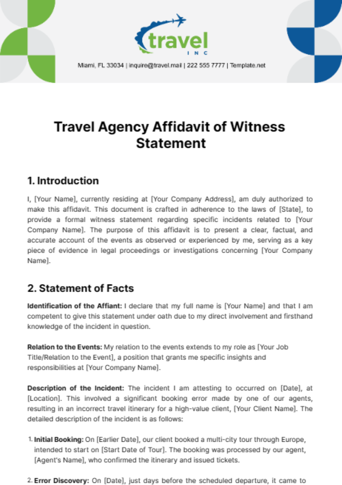 Free Travel Agency Affidavit of Witness Statement Template