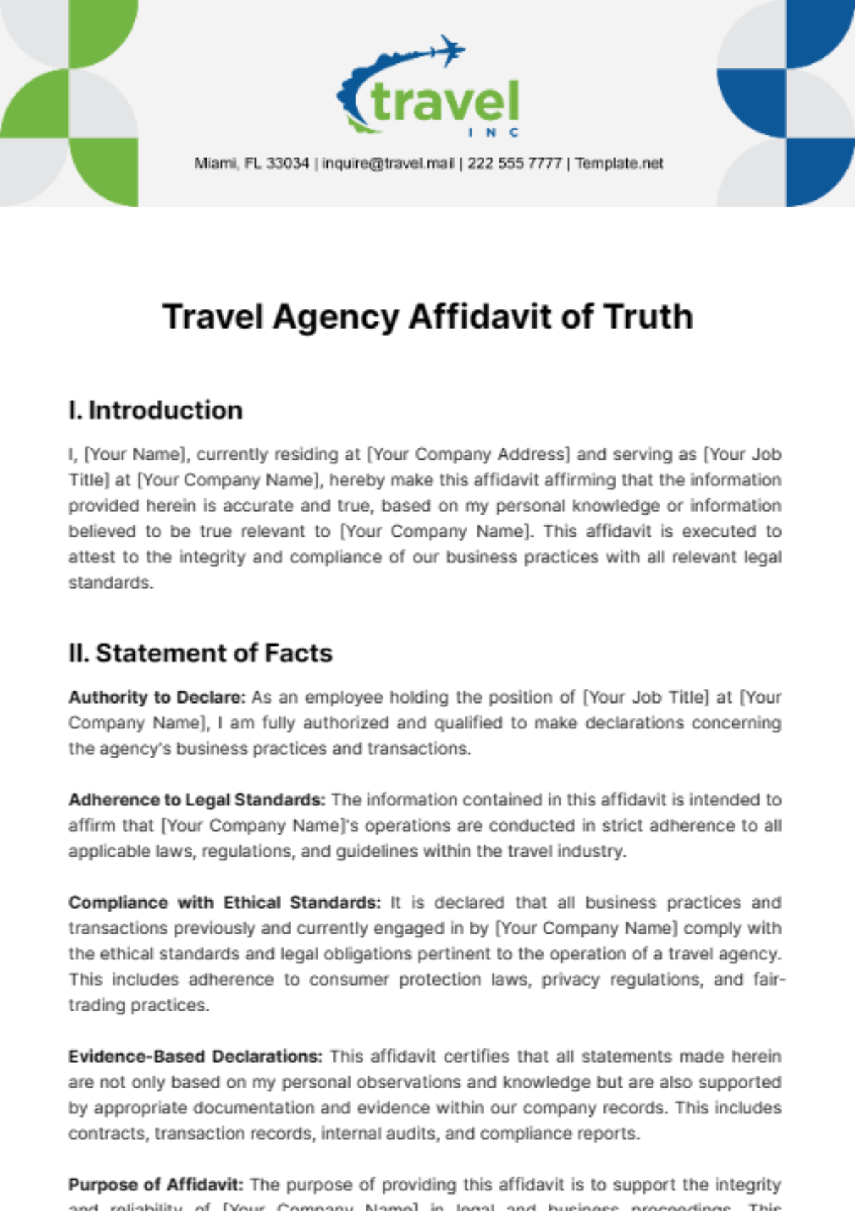 Travel Agency Affidavit of Truth Template