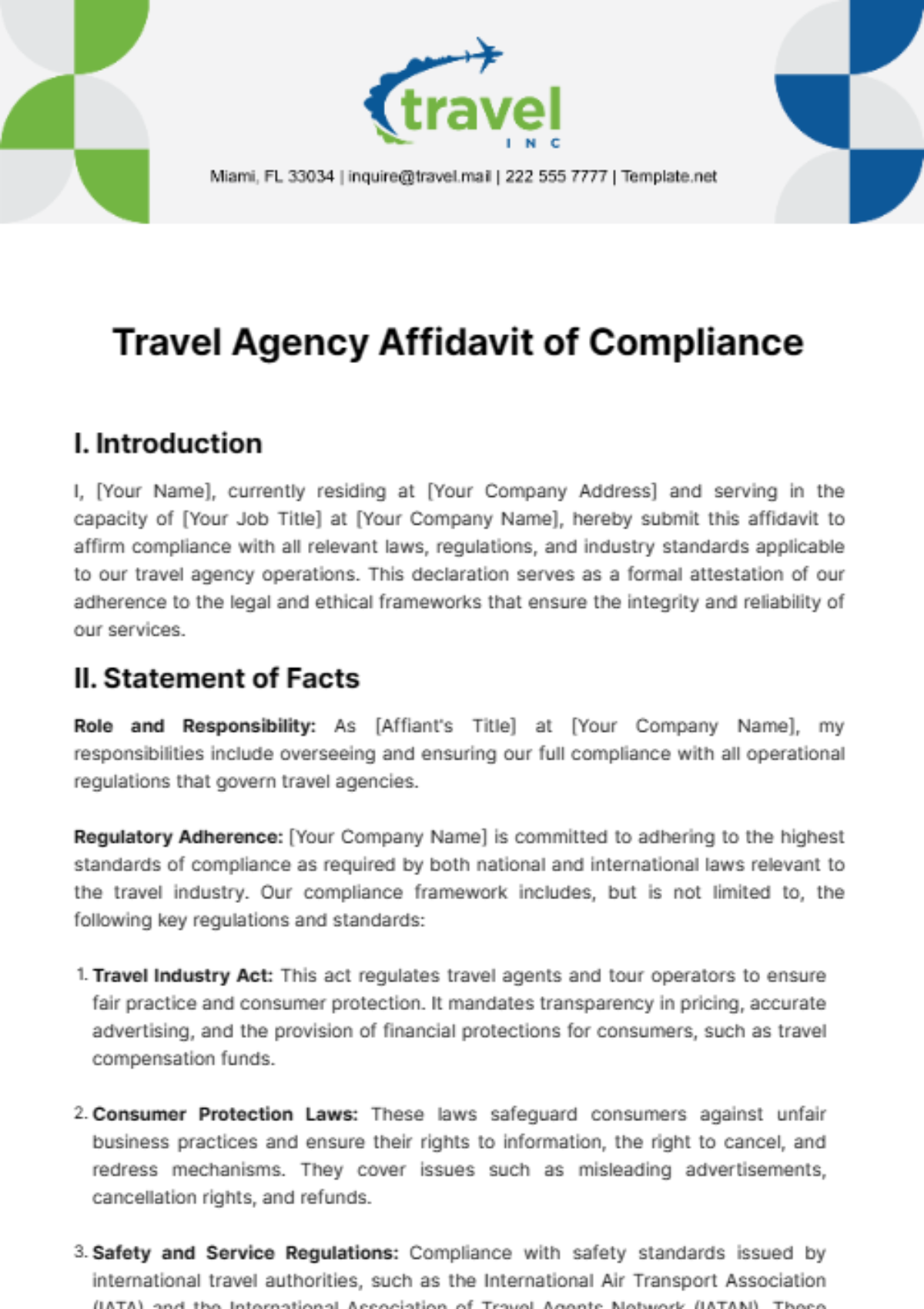 Travel Agency Affidavit of Compliance Template