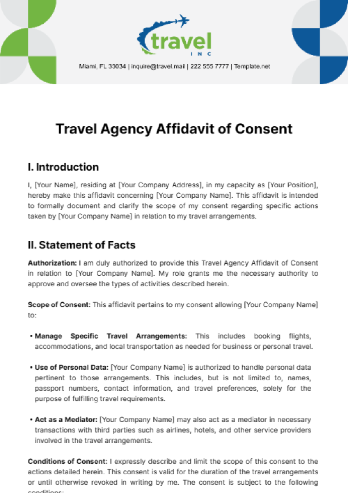 Travel Agency Affidavit of Consent Template