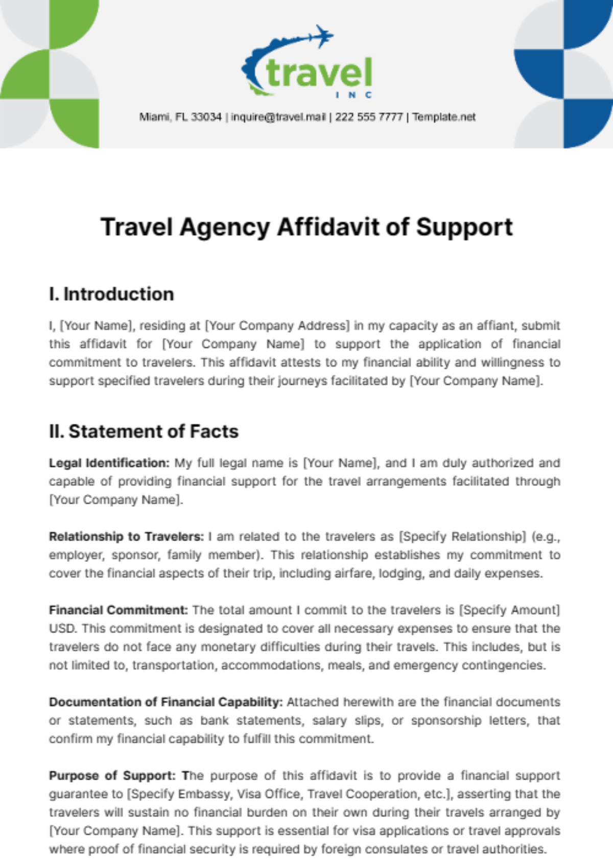 Free Travel Agency Affidavit of Support Template