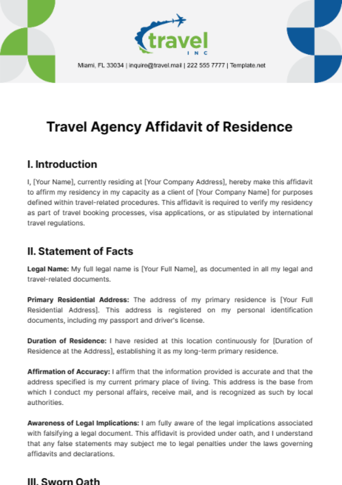 Travel Agency Affidavit of Residence Template
