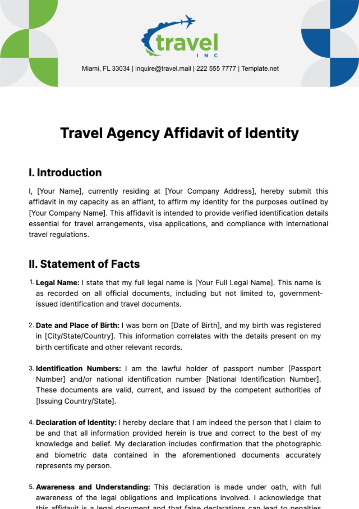 Free Travel Agency Affidavit of Identity Template