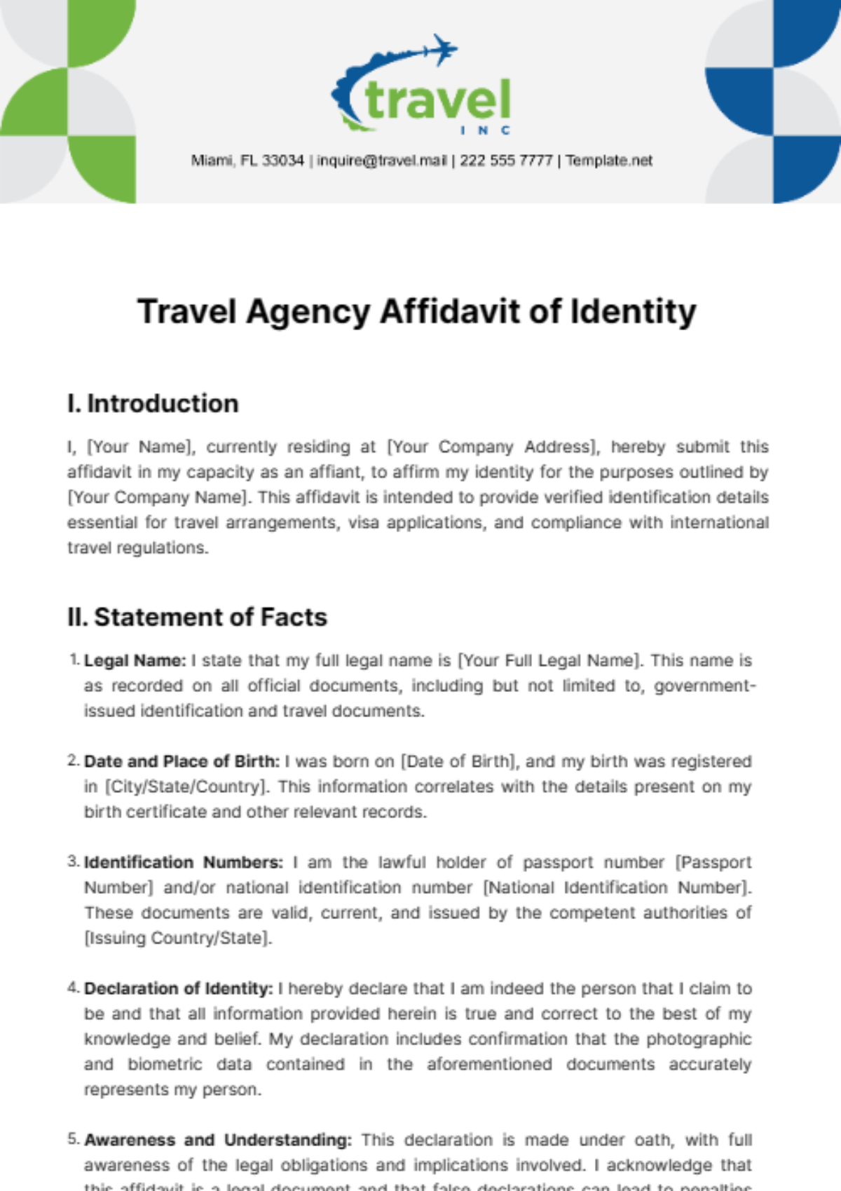 Travel Agency Affidavit of Identity Template