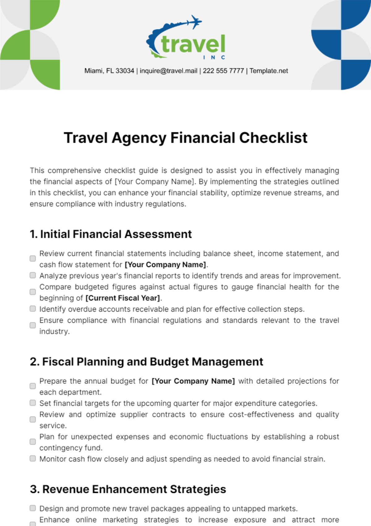 Travel Agency Financial Checklist Template