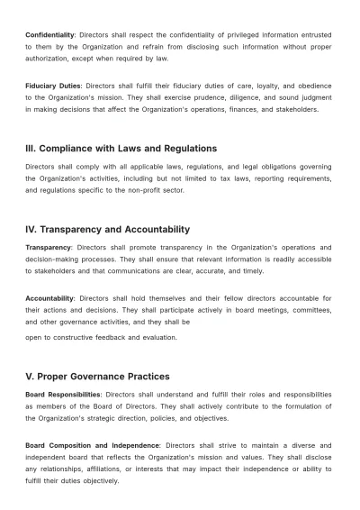 Free Code of Conduct for Directors of Non-Profit Corporation Template to Edit Online