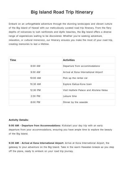 Free Big Island Road Trip Itinerary Template to Edit Online