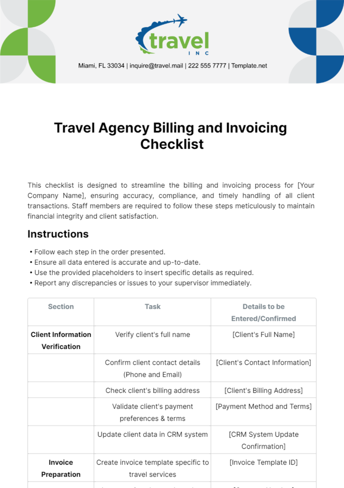 Free Travel Agency Billing and Invoicing Checklist Template