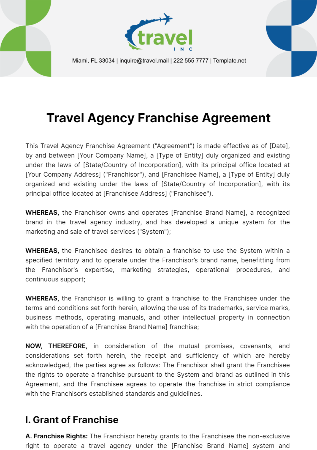 Travel Agency Franchise Agreement Template