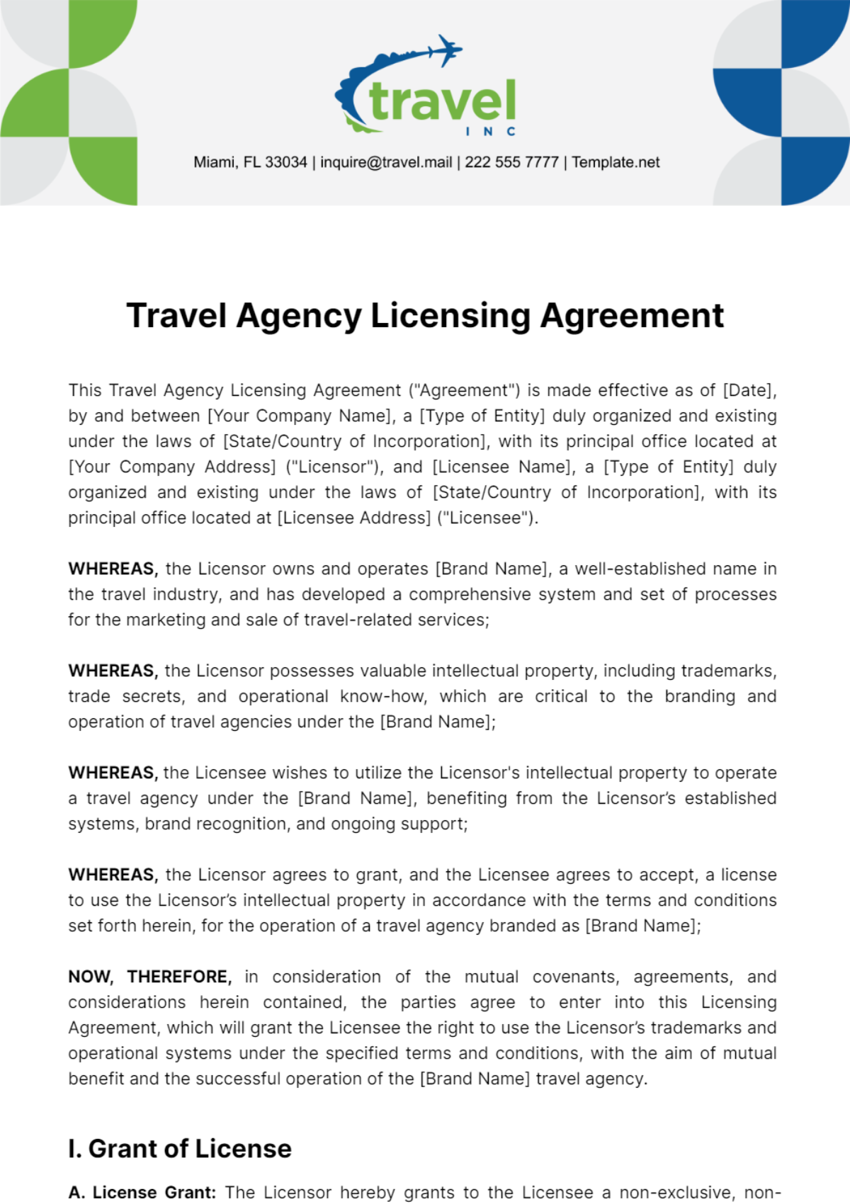 Free Travel Agency Licensing Agreement Template