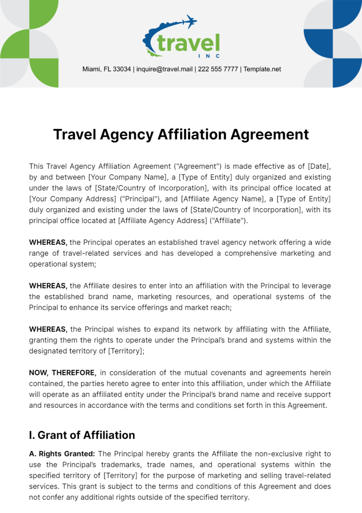 Free Travel Agency Affiliation Agreement Template