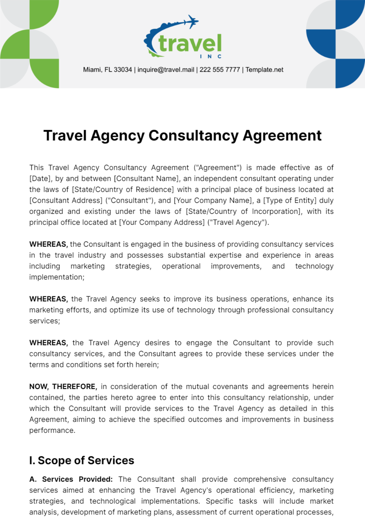 Travel Agency Consultancy Agreement Template