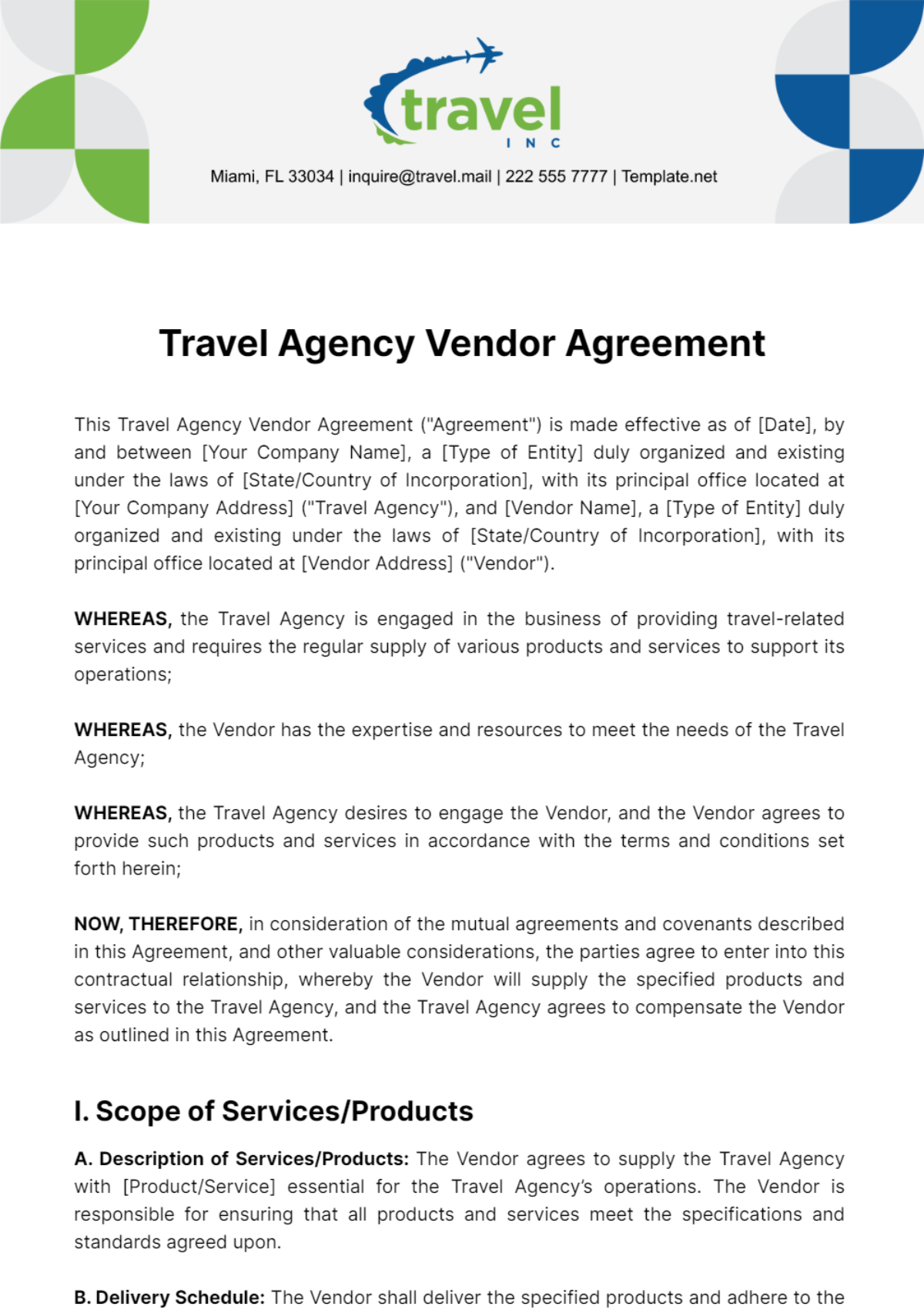Travel Agency Vendor Agreement Template