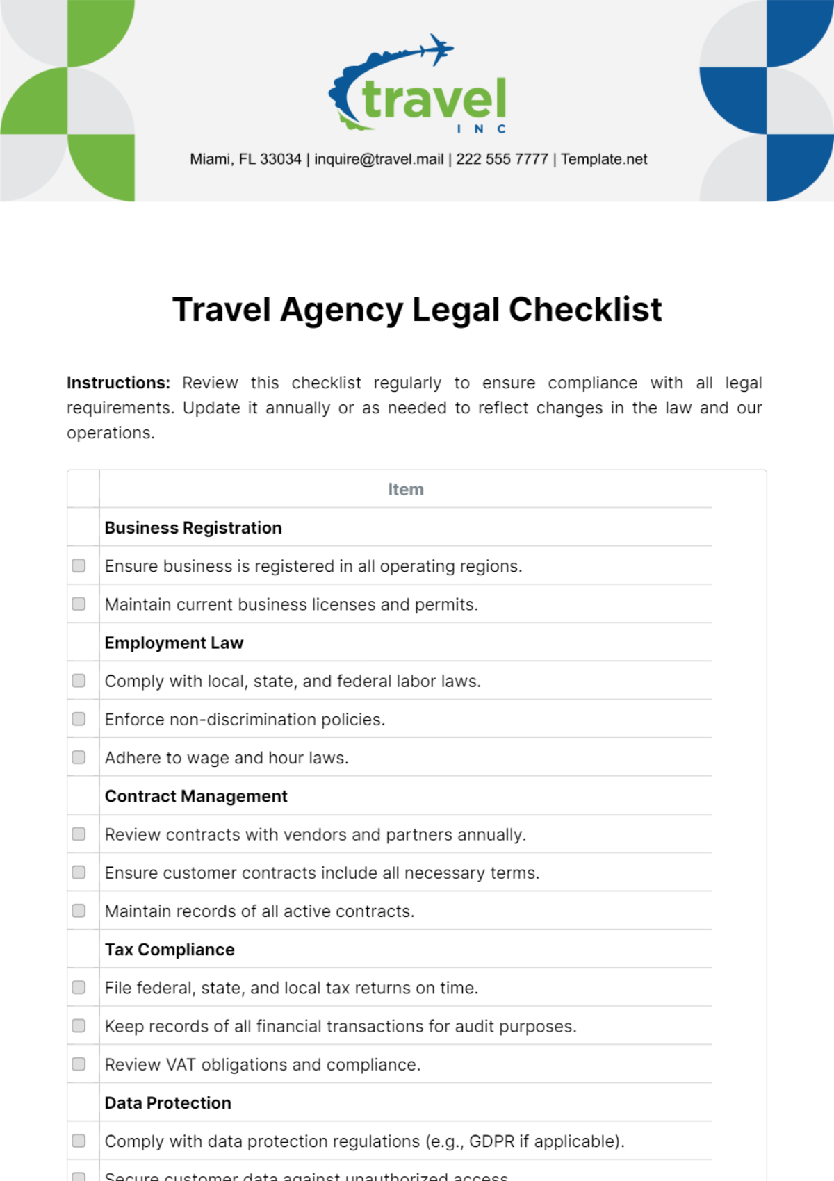 Free Travel Agency Legal Checklist Template