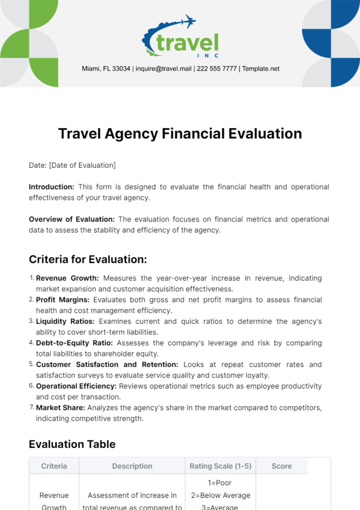 Free Travel Agency Financial Evaluation Template