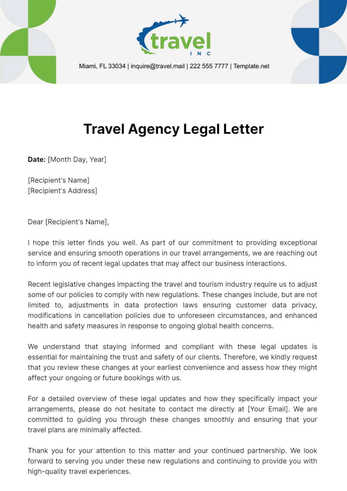 Travel Agency Legal Letter Template