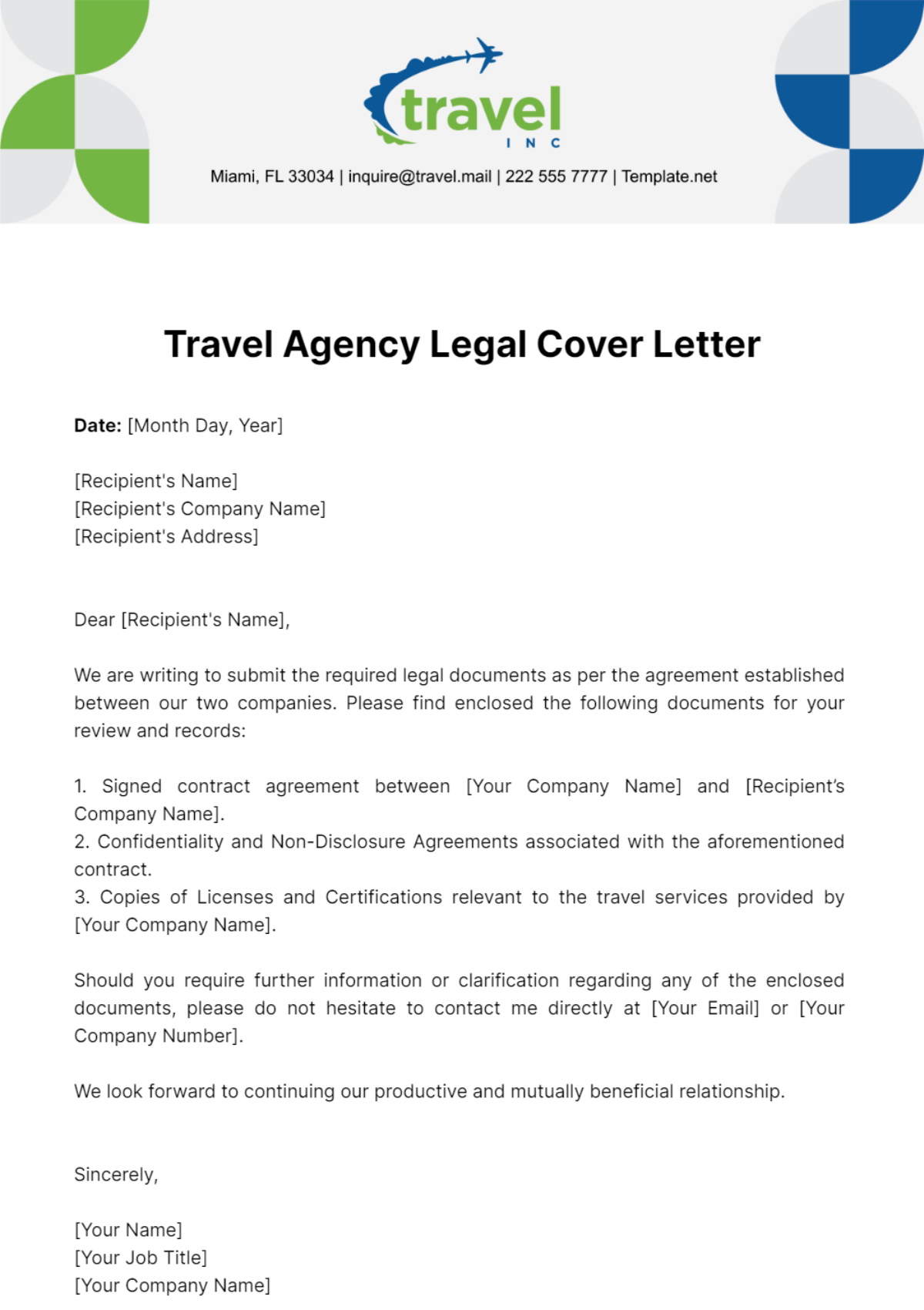 Travel Agency Legal Cover Letter Template