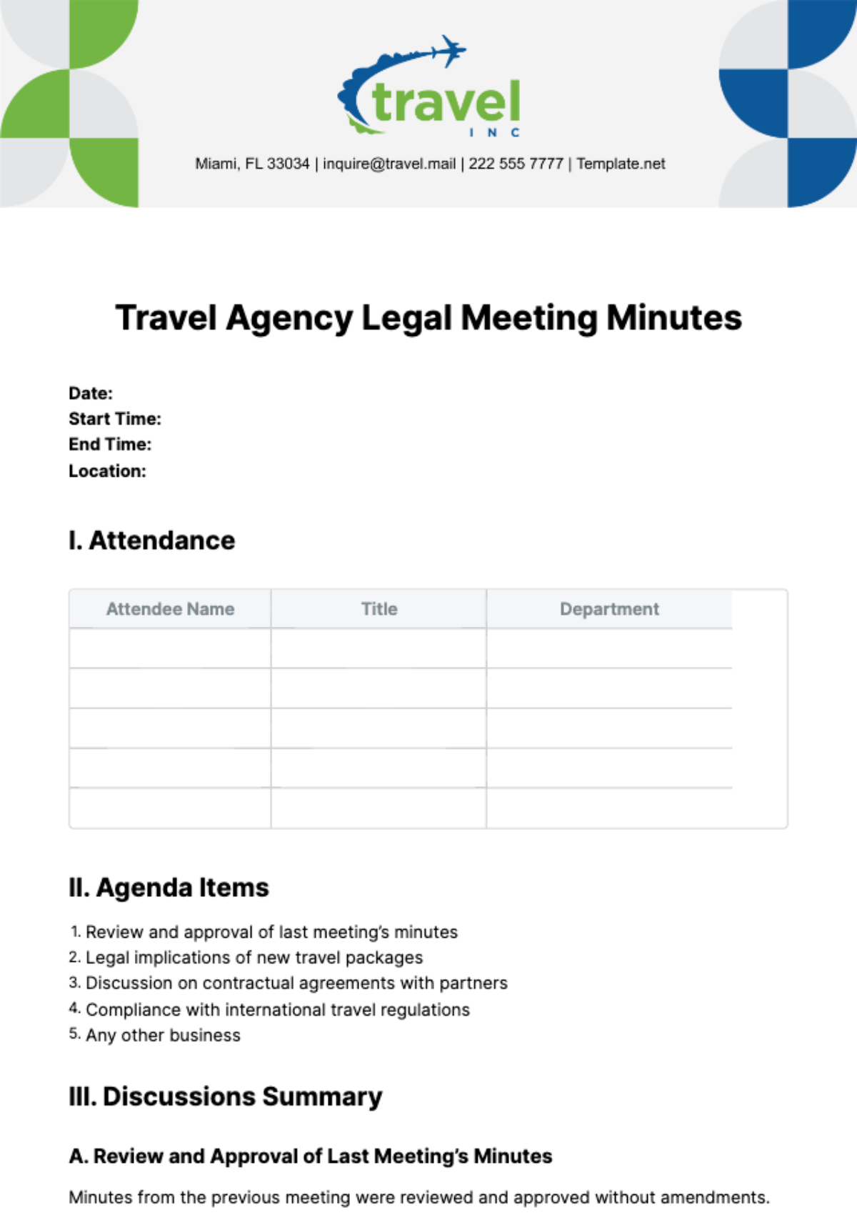Free Travel Agency Legal Meeting Minutes Template
