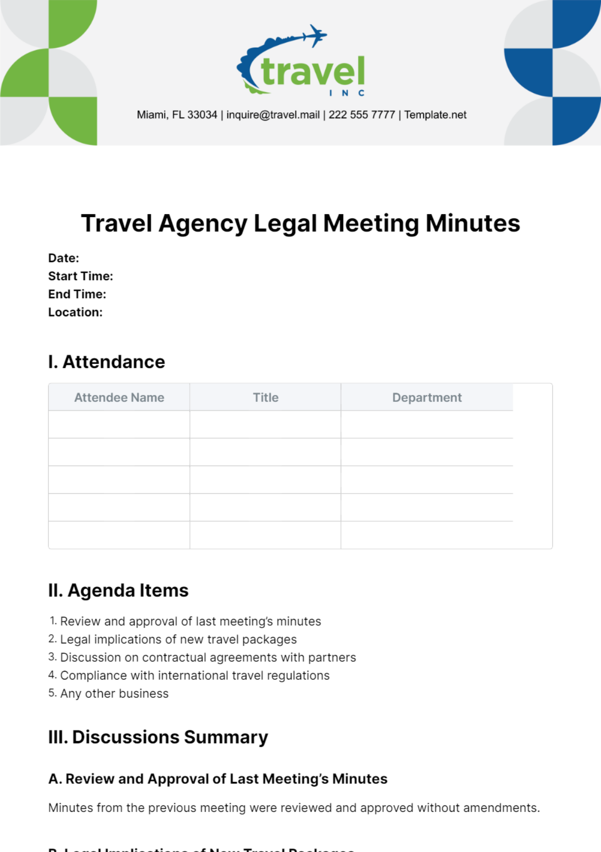 Travel Agency Legal Meeting Minutes Template